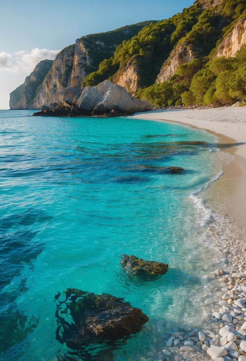 Turquoise waters lap against the rocky shore of Stiniva Beach, with lush green cliffs rising above. White pebbles dot the beach, framed by crystal-clear water