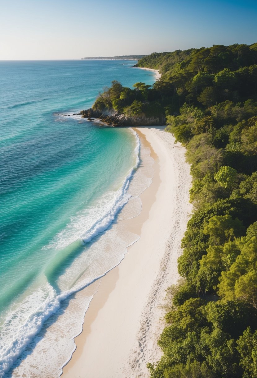 A serene beach with crystal clear waters, white sandy shores, and lush greenery along the coastline. The sun glistens on the gentle waves, creating a tranquil and inviting atmosphere