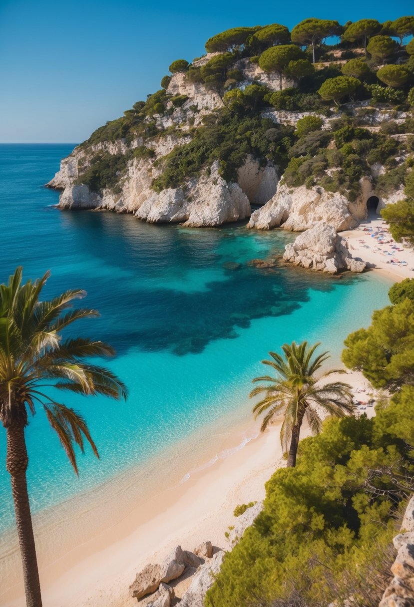 Sun-drenched coastline with crystal-clear waters, palm trees, and sandy beaches. Rocky cliffs jut out into the Adriatic Sea, creating picturesque coves