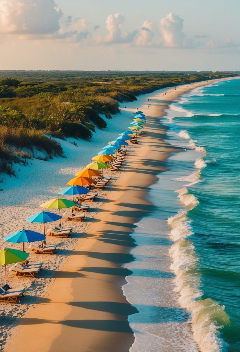 Golden sand, turquoise waves, emerald dunes, clear skies, and vibrant beach umbrellas line the shore of the 5 best beaches on 30a