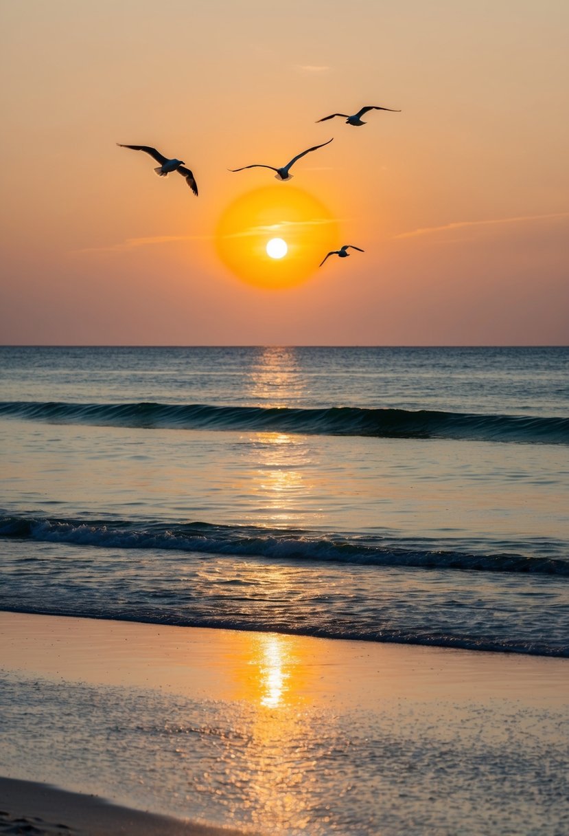 The sun sets over the calm, sandy shore of Grayton Beach State Park, with gentle waves lapping at the coastline and seagulls soaring overhead