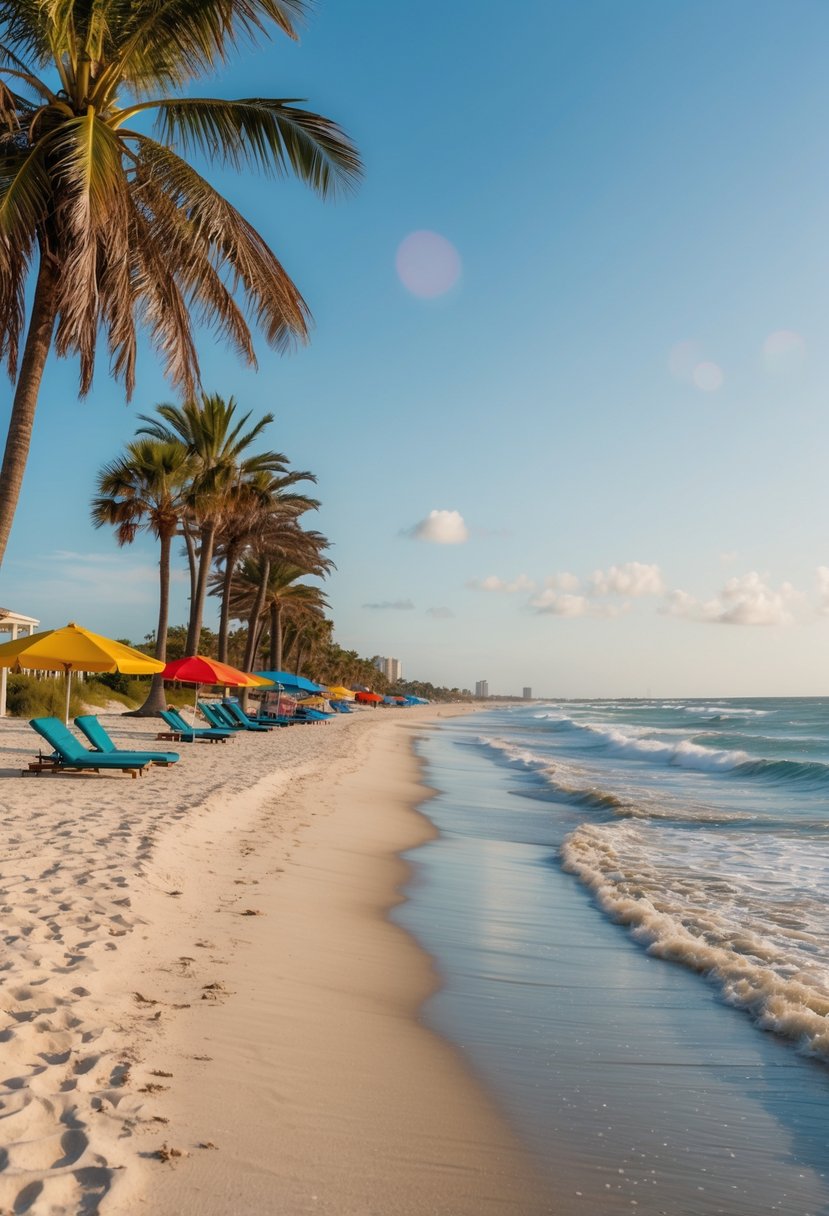 Sandy shore, gentle waves, colorful umbrellas, and palm trees line the Seaside Beach on 30A, creating a picturesque coastal scene