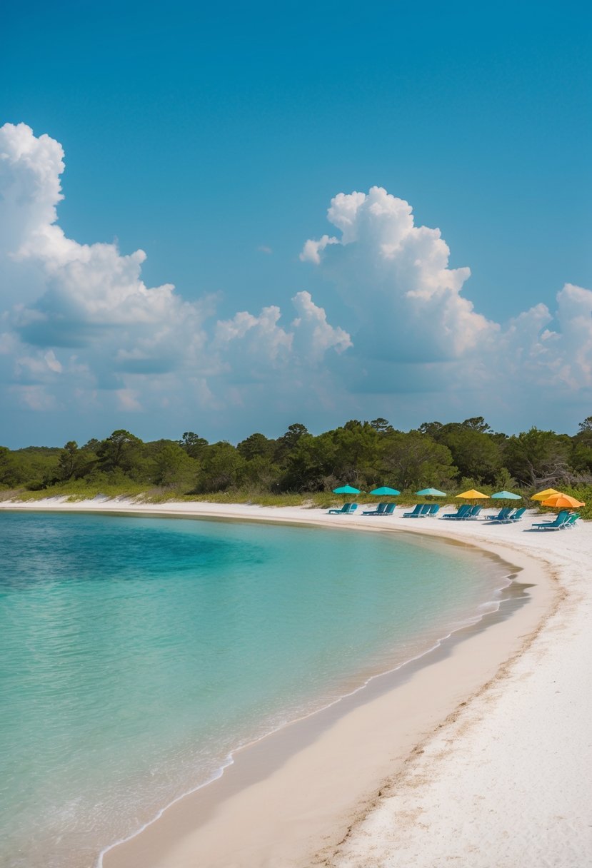 Five pristine beaches in Rosemary Beach, 30a, with crystal clear waters and white sand, surrounded by lush greenery and colorful beach umbrellas