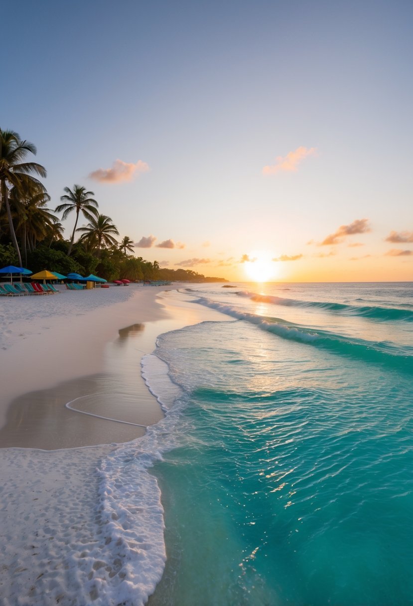 The sun sets over the pristine white sands of Santa Rosa Beach, with turquoise waves gently lapping at the shore. Palm trees sway in the breeze, while colorful beach umbrellas dot the coastline