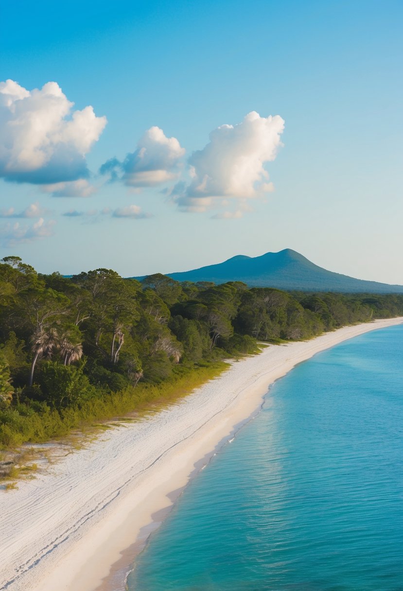 A serene scene of Blue Mountain Beach with white sand, clear blue waters, and lush greenery along the coast of 30A