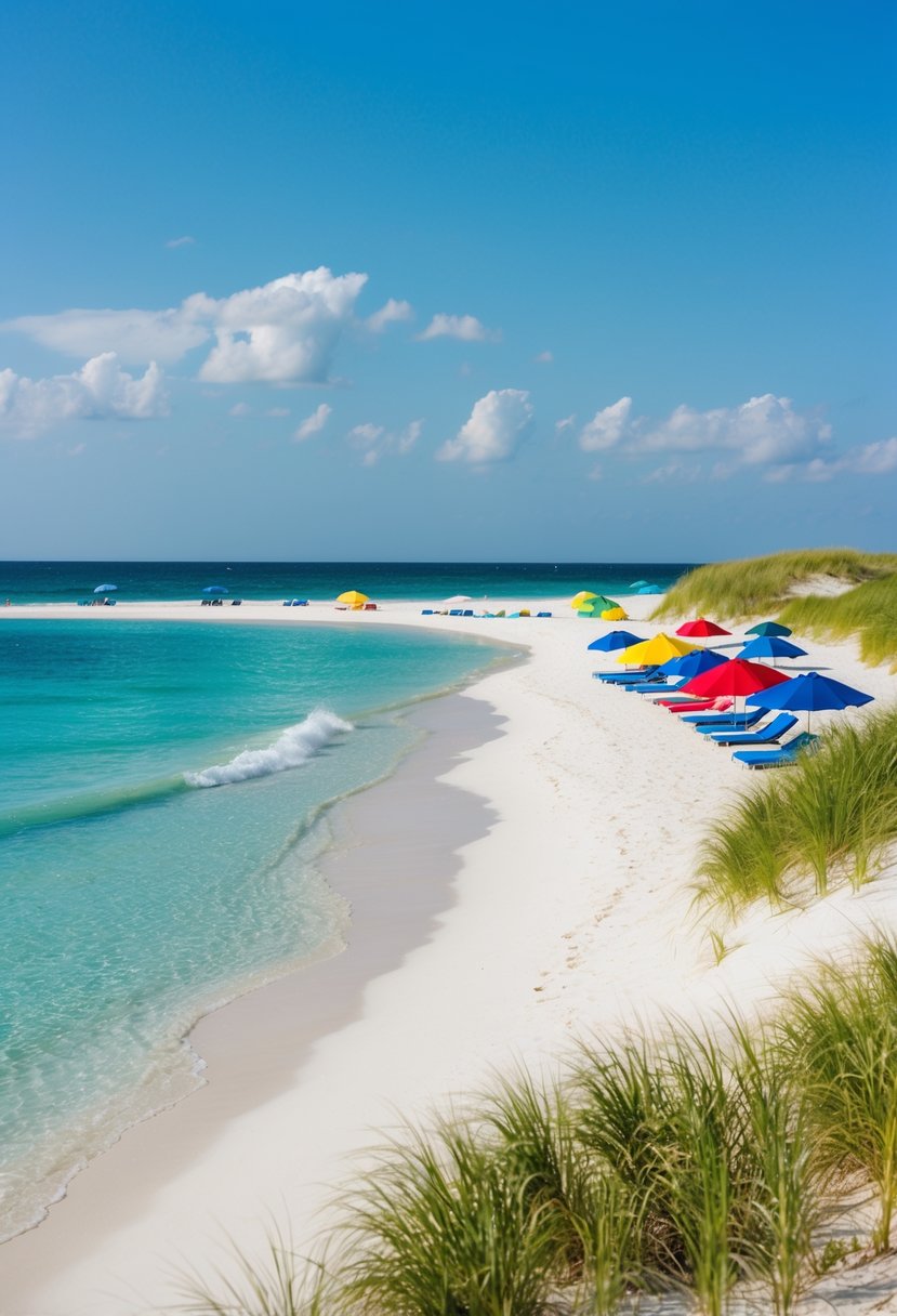 Crystal clear water, white sandy beaches, colorful umbrellas, and lush dunes with sea oats. Blue sky and gentle waves complete the serene scene