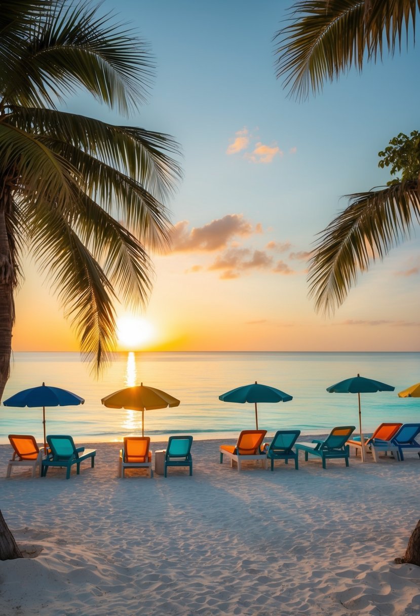 Golden sun setting over calm turquoise waters, white sand beaches dotted with colorful umbrellas, gentle sea breeze rustling palm trees