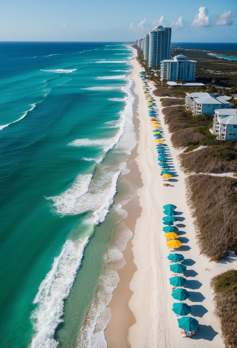 Crystal clear water, white sand, and towering sand dunes create a picturesque backdrop for the 30A beaches. The emerald green waves crash against the shore, while colorful beach umbrellas dot the coastline