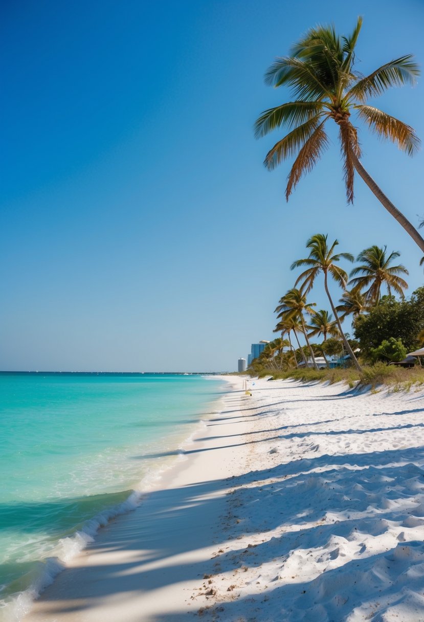 Crystal clear waters lap against white sandy shores at Pensacola Beach, while palm trees sway in the gentle breeze under a bright blue sky