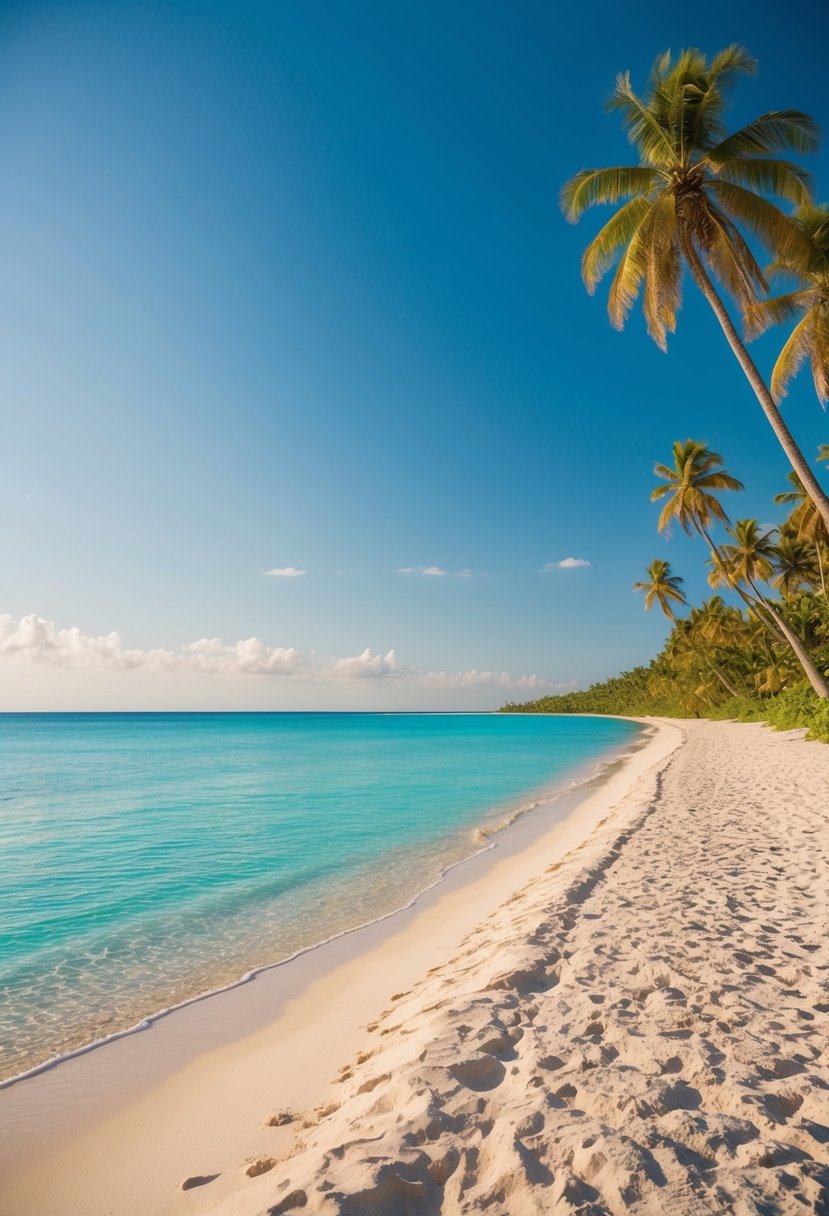 Sandy shores stretch along turquoise waters under a clear blue sky, with palm trees swaying in the gentle breeze