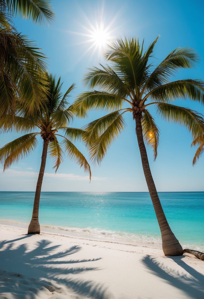 Palm trees sway on white sands as clear blue waters gently lap the shore, under a bright sun and clear skies