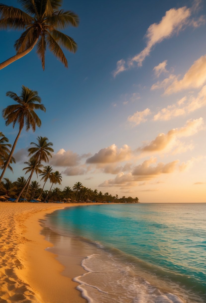 Golden sand, turquoise waters, and palm trees line the shore of Palm Beach, Aruba. The sun sets over the horizon, casting a warm glow on the tranquil scene