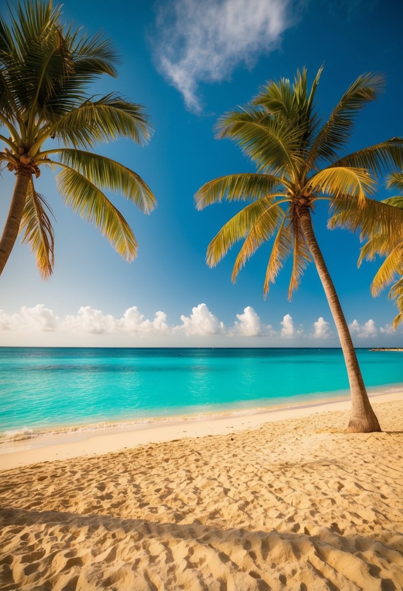 Golden sand and turquoise waters at Rodgers Beach, Aruba. Palm trees and clear skies complete the idyllic scene