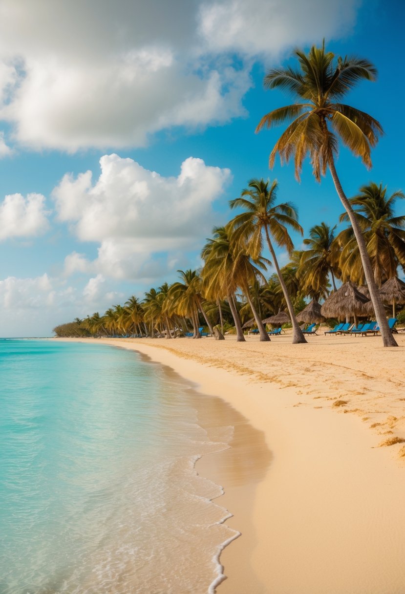 Golden sand, clear turquoise water, and a line of palm trees along the shore at Andicuri Beach in Aruba