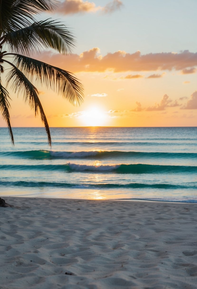 The sun sets over Surfside Beach, casting a golden glow on the pristine white sand and turquoise waters of one of Aruba's best beaches. Palm trees sway gently in the warm breeze