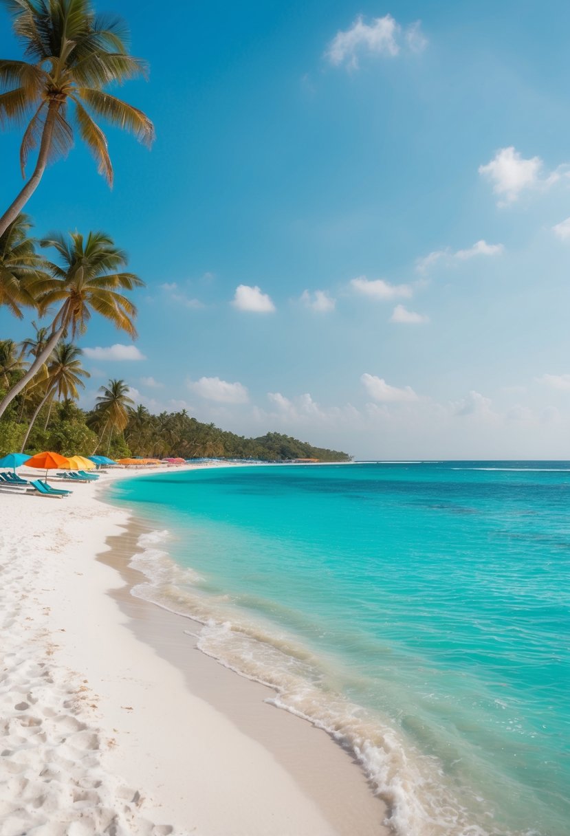 Turquoise waters lapping against white sandy shores, palm trees swaying in the breeze, and colorful umbrellas dotting the beach