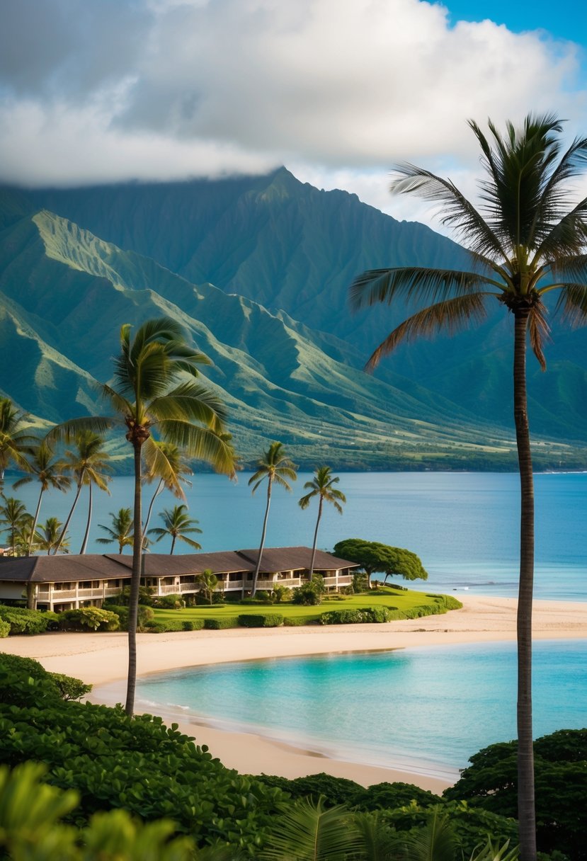 A luxurious resort nestled between lush green mountains and a pristine beach on the island of Kauai, with palm trees swaying in the gentle ocean breeze