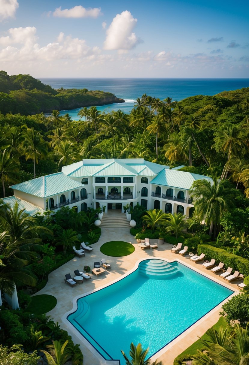 A luxurious resort nestled among lush greenery, with elegant buildings and a sparkling pool overlooking the ocean