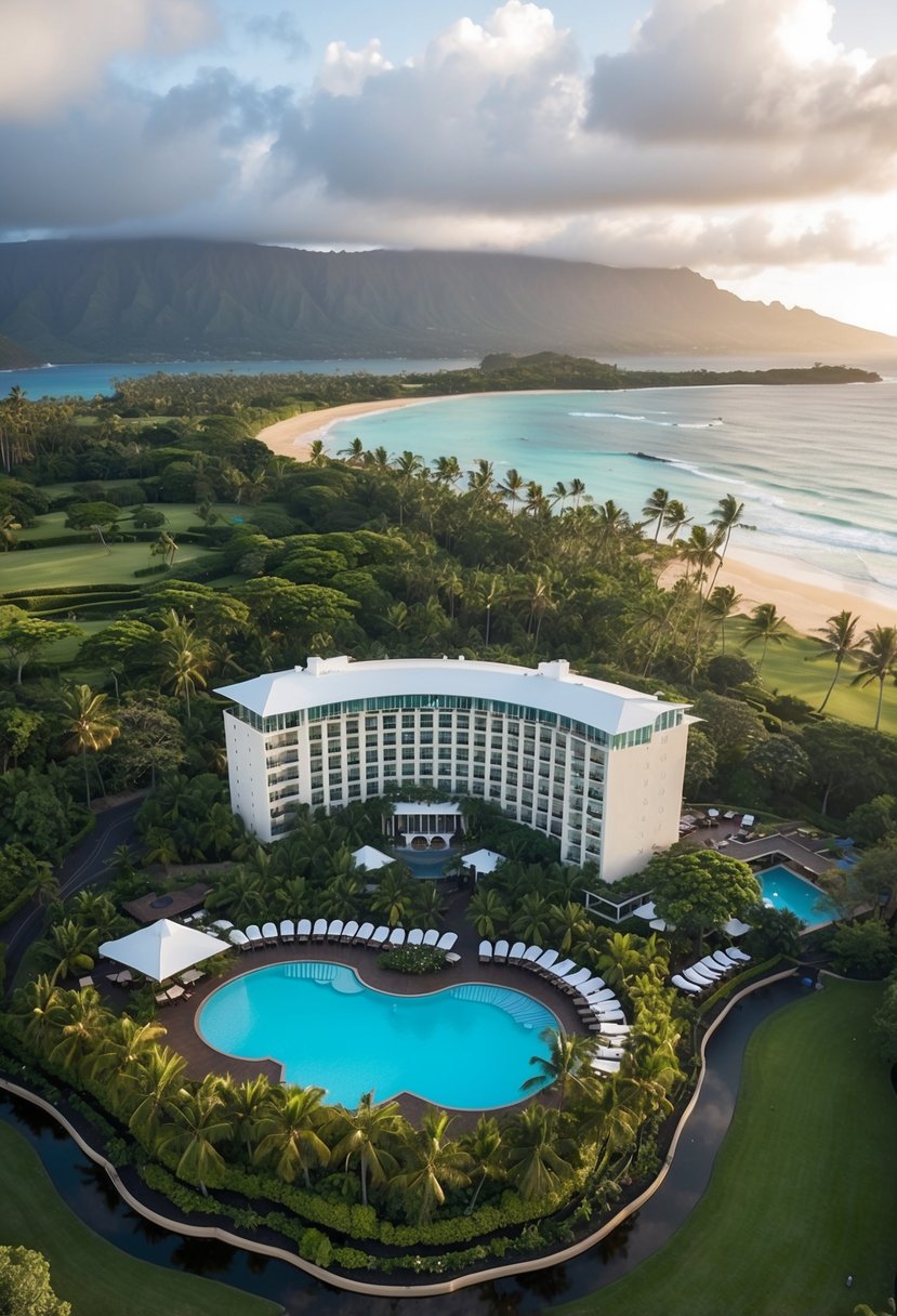 Aerial view of Koa Kea Hotel & Resort nestled among lush tropical gardens and overlooking the pristine beaches of Kauai