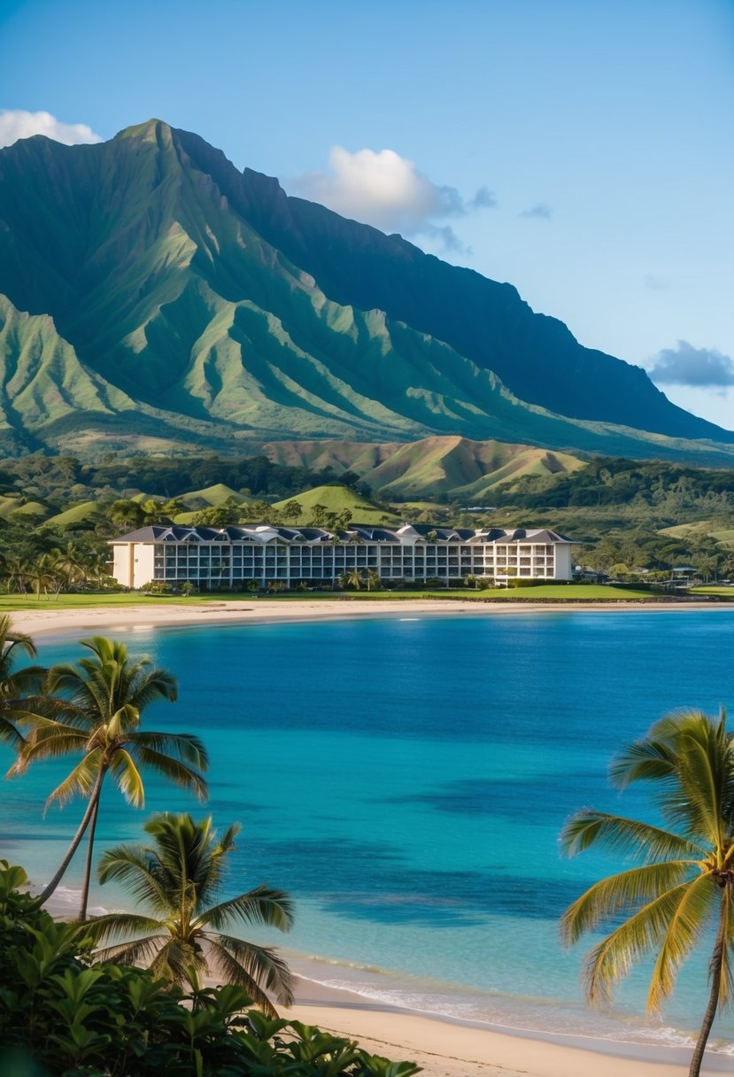 The Hanalei Colony Resort sits nestled between lush green mountains and the sparkling blue waters of Kauai, with palm trees swaying in the gentle ocean breeze