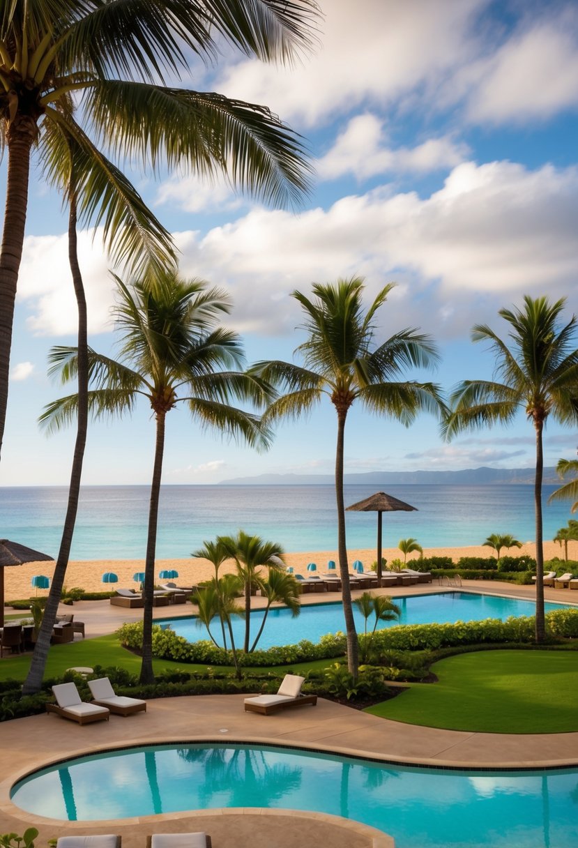 A tropical beach resort with palm trees, a pool, and a view of the ocean at Kauai Beach Resort & Spa