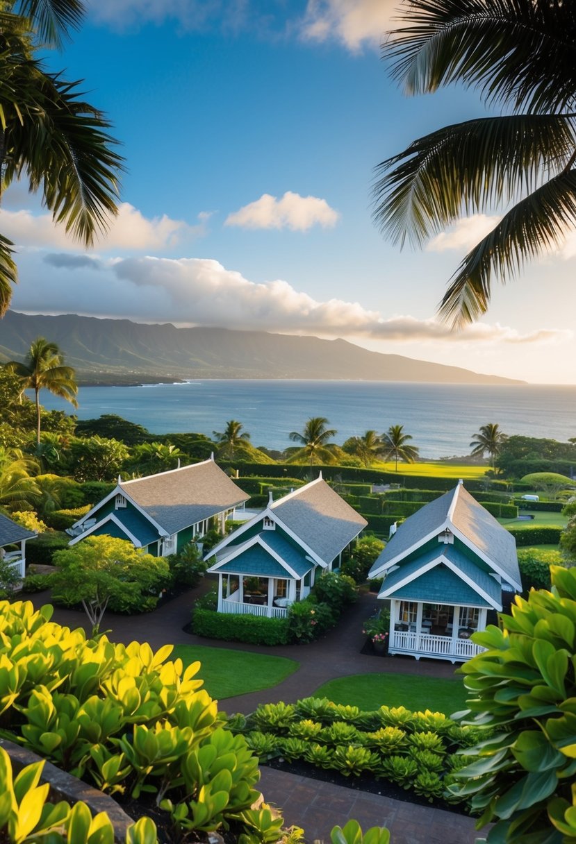 Lush tropical gardens surround charming cottages at Waimea Plantation, with a backdrop of the stunning Kauai coastline