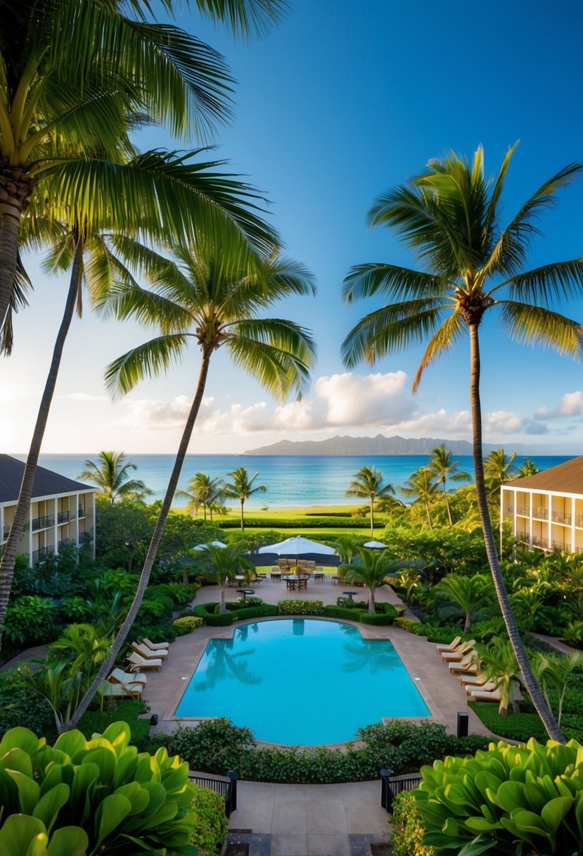 Lush tropical gardens surround the Kaua'i Marriott Resort, with a sparkling pool and palm-fringed beachfront