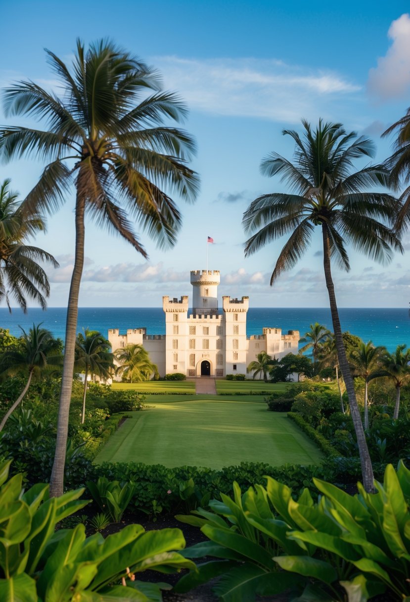 The grand Castle Kiahuna Plantation stands proudly amidst lush greenery, with palm trees swaying in the gentle breeze and the sparkling ocean in the background
