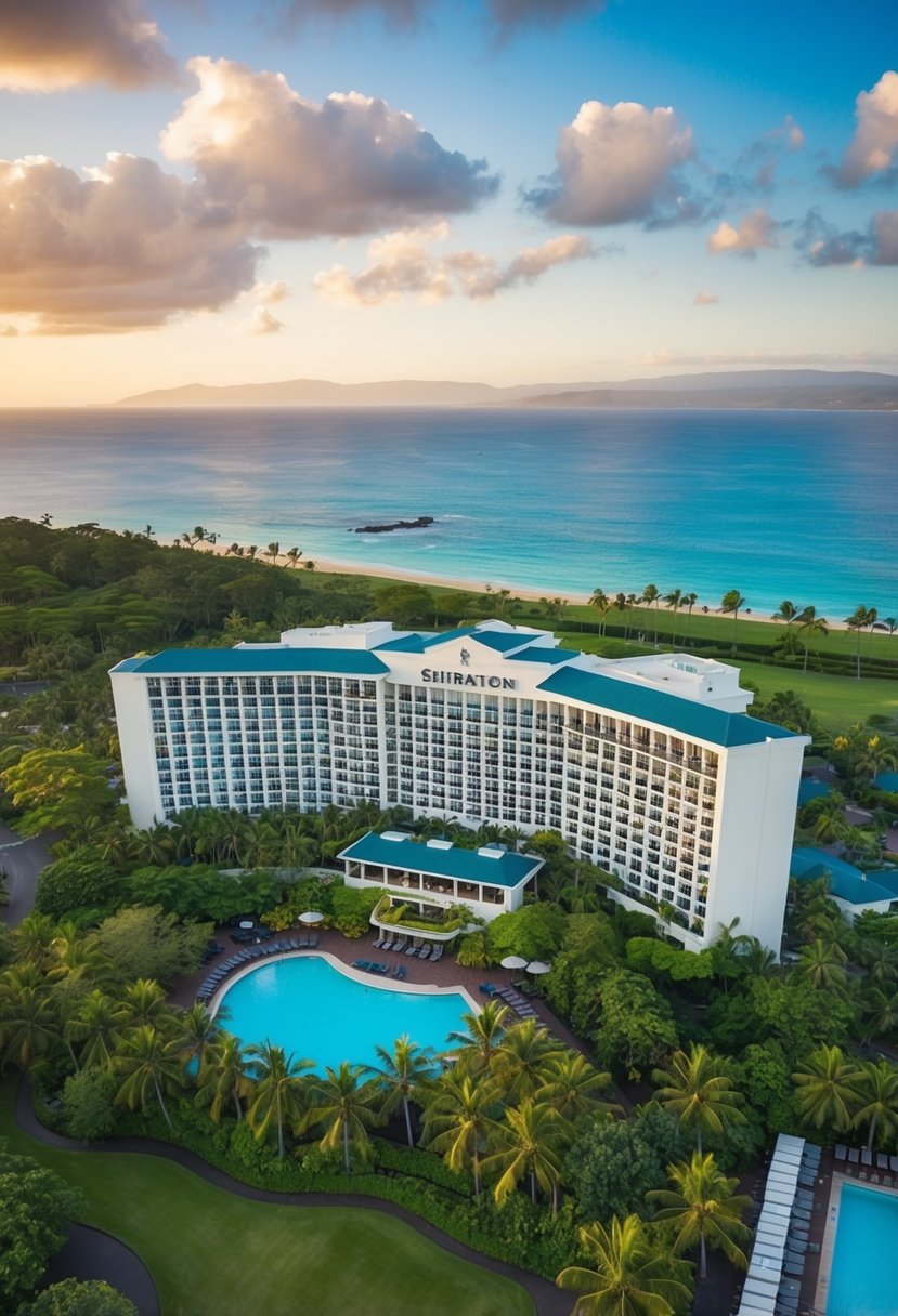 Aerial view of Sheraton Kauai Resort with lush greenery, palm trees, and a pristine beachfront
