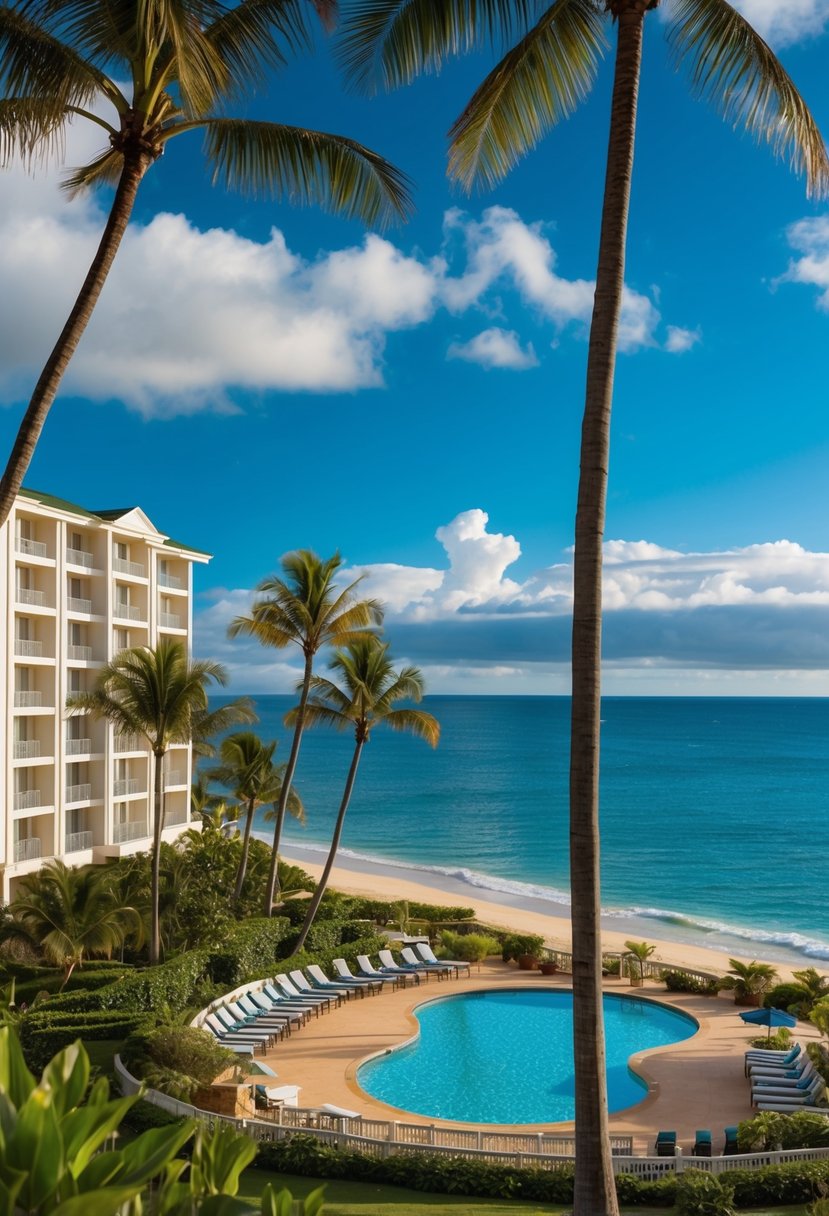A luxurious beachfront resort with palm trees, a sparkling pool, and elegant buildings overlooking the ocean on the island of Kauai