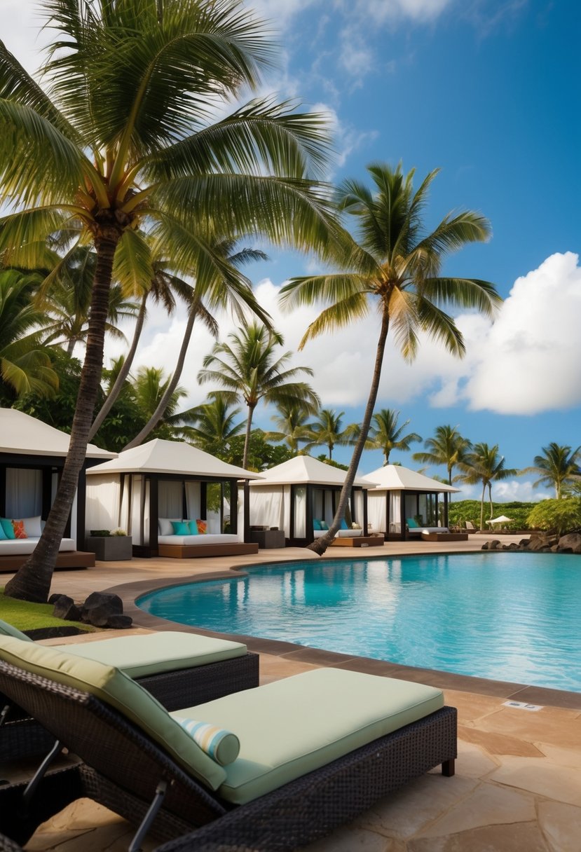 A tropical paradise with palm trees, pool, and beachfront cabanas at the best resort in Kauai