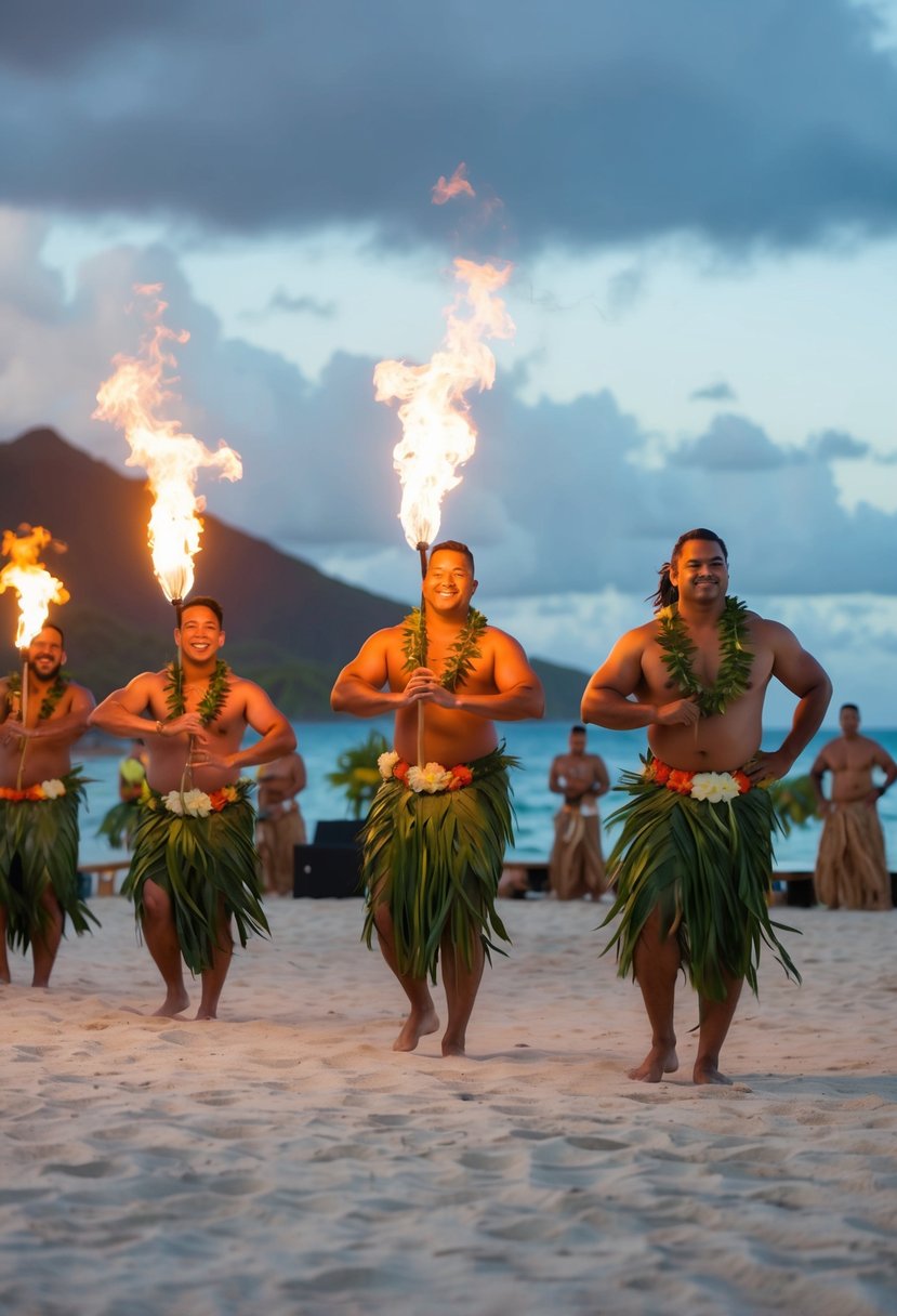 A traditional Hawaiian luau with hula dancers, fire breathers, and live music on a beachfront resort in Kauai