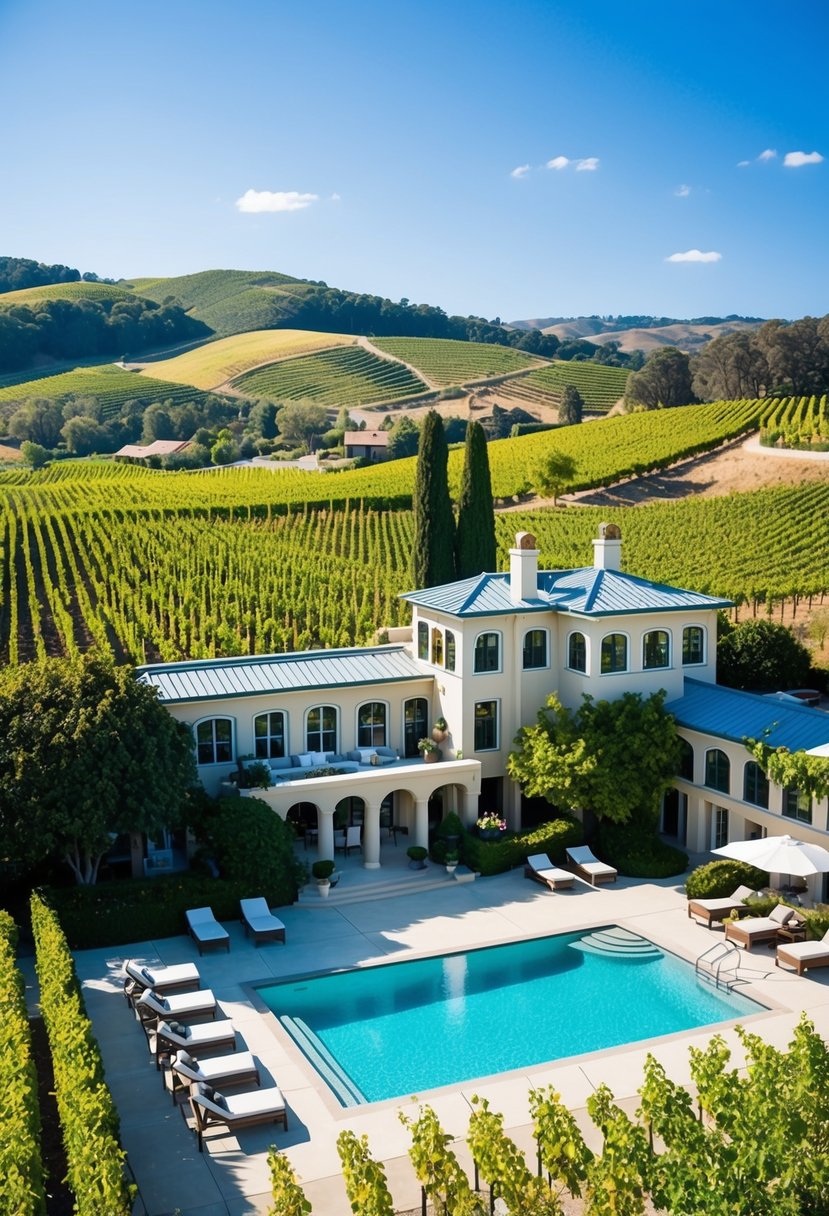 Lush vineyards surround a luxurious resort nestled in the Napa Valley, with a sparkling pool and elegant architecture set against a backdrop of rolling hills and clear blue skies