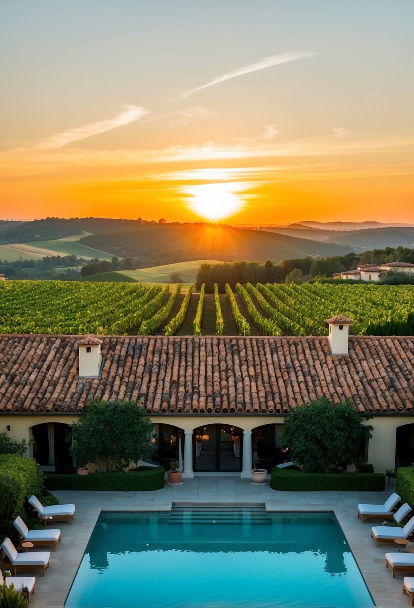 The sun sets over rolling vineyards, casting a warm glow on the terracotta roofs of Auberge du Soleil. The pool glistens in the fading light, surrounded by lush gardens and elegant villas