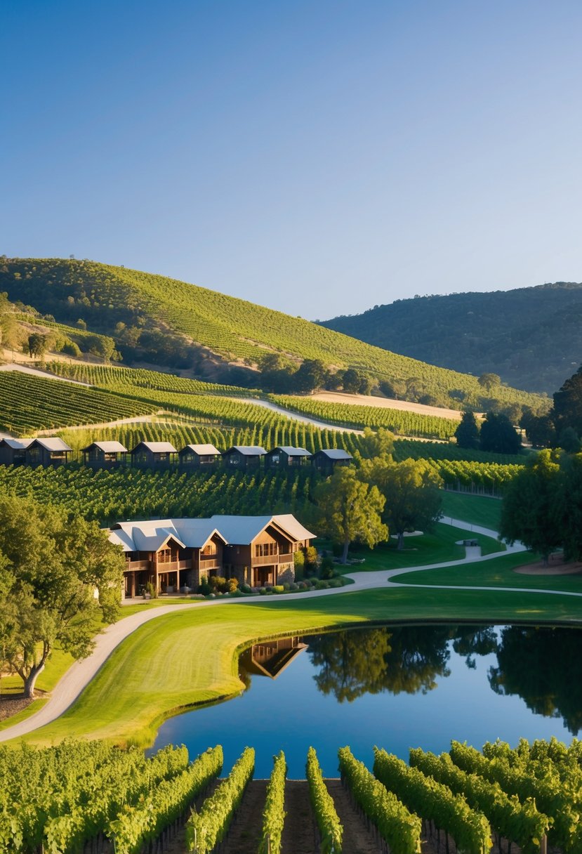 Lush vineyards surround the luxurious Calistoga Ranch resort, nestled in the rolling hills of Napa Valley. A serene lake reflects the clear blue sky, while elegant cabins and treehouses dot the landscape