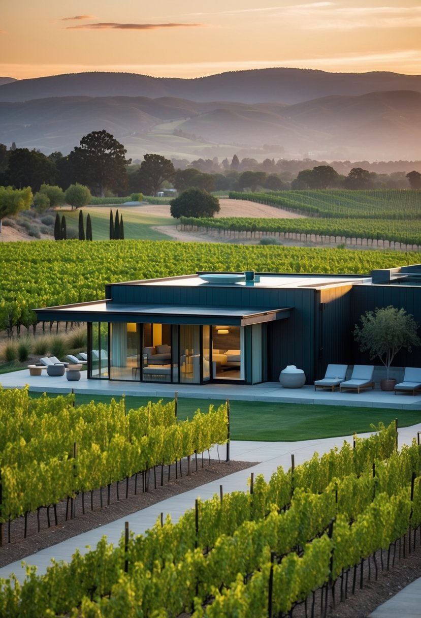 Lush vineyards surround a modern, eco-friendly resort with sleek architecture and a tranquil spa in Napa Valley