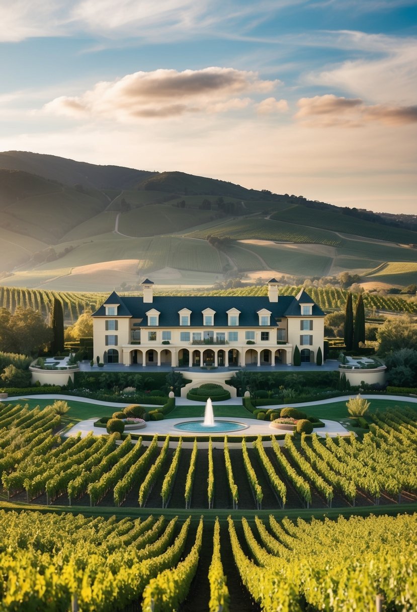 A sprawling luxury resort nestled among rolling vineyards in Napa Valley, with elegant architecture and lush gardens