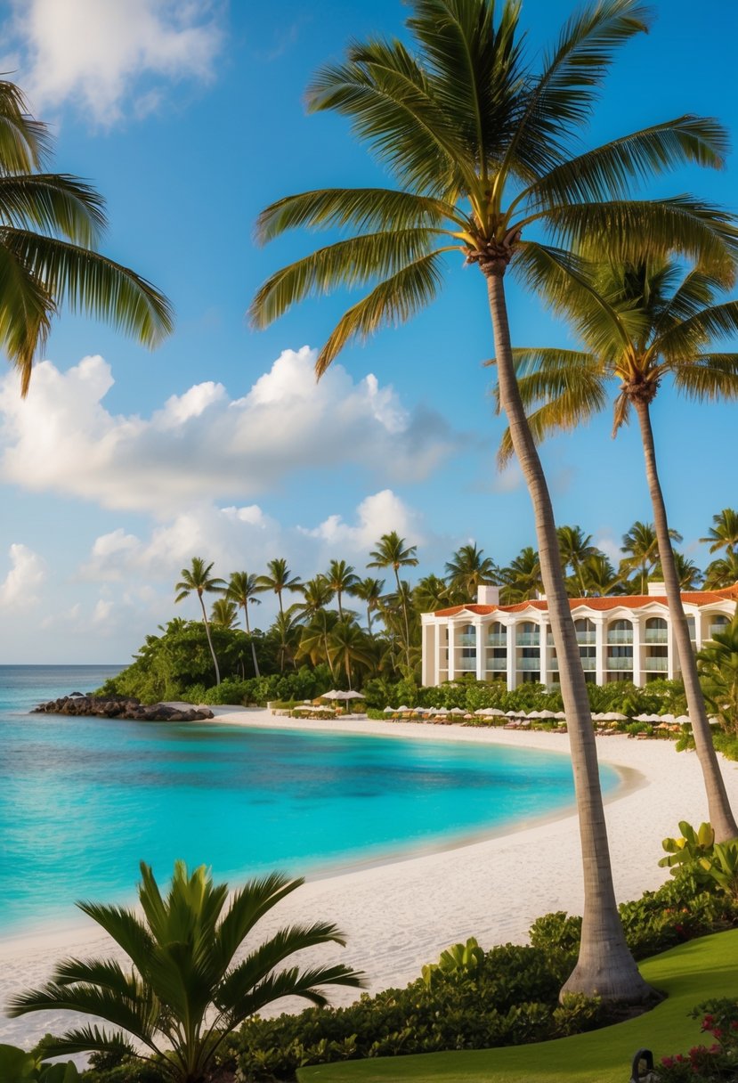 A luxurious beachfront resort in Punta Cana, with palm trees, crystal-clear turquoise waters, and white sandy beaches, surrounded by lush tropical gardens and elegant architecture