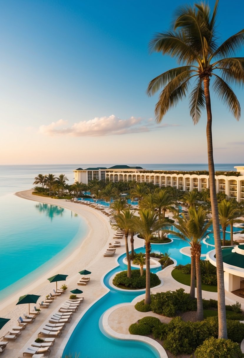 A sprawling beachfront resort with palm trees, crystal-clear waters, and luxurious facilities