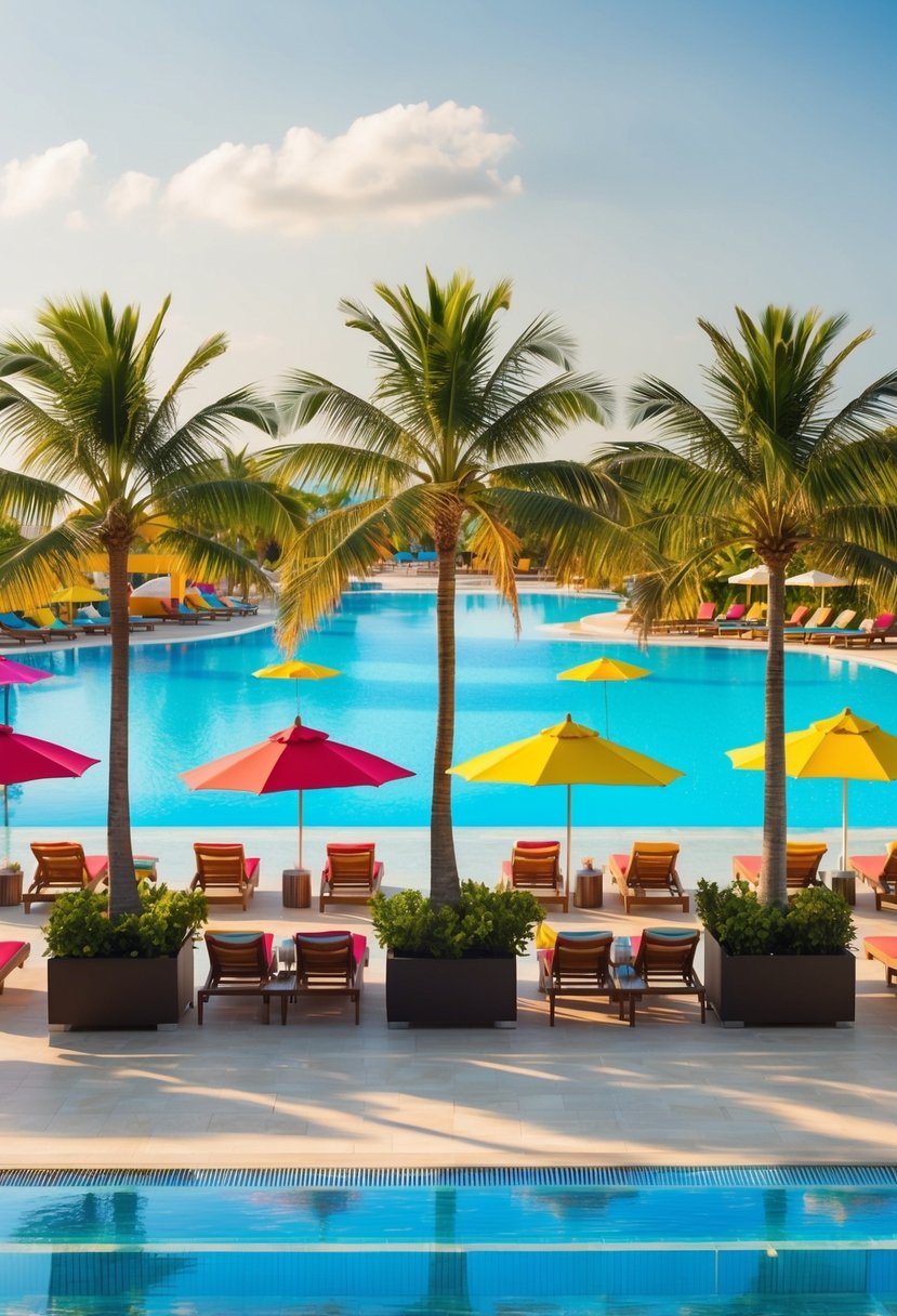 A vibrant and bustling resort with palm trees, crystal-clear pools, and colorful umbrellas lining a pristine beachfront
