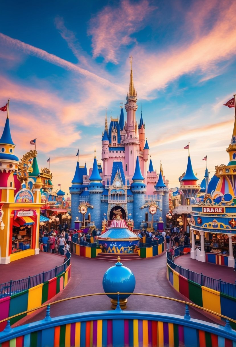 A colorful and bustling theme park with iconic movie-themed attractions and lively entertainment