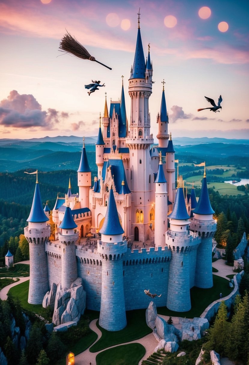 A magical castle with soaring turrets and flying broomsticks, surrounded by spellbinding landscapes and enchanting creatures