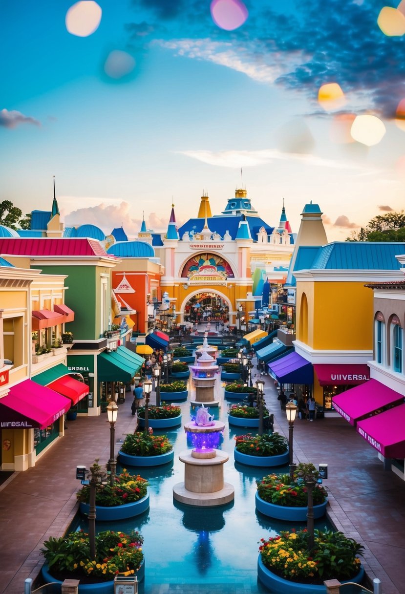 A bustling and colorful cityscape with vibrant shops, restaurants, and entertainment venues at Universal CityWalk, the best universal resort