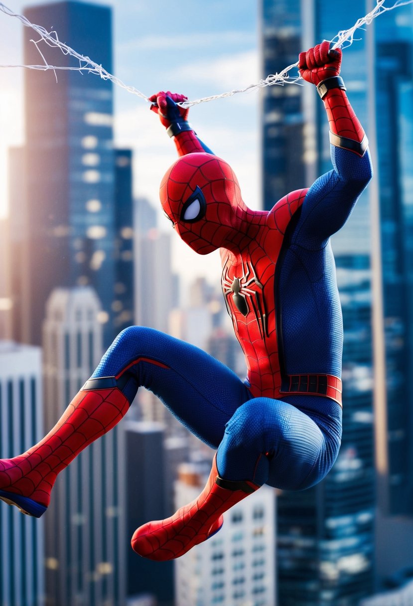 Spider-Man swings through a cityscape, dodging skyscrapers and shooting webs