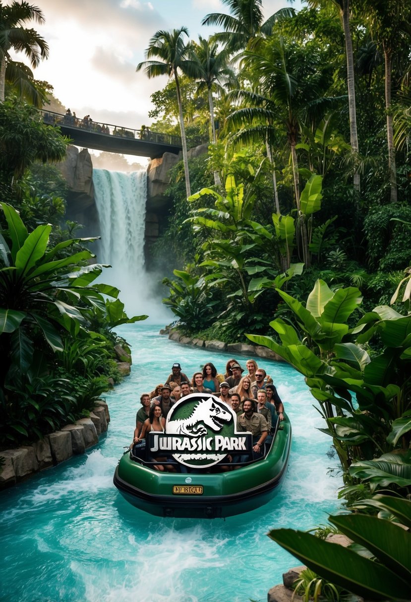 A thrilling river ride through lush jungle with towering dinosaurs and misty waterfalls at Universal's Jurassic Park