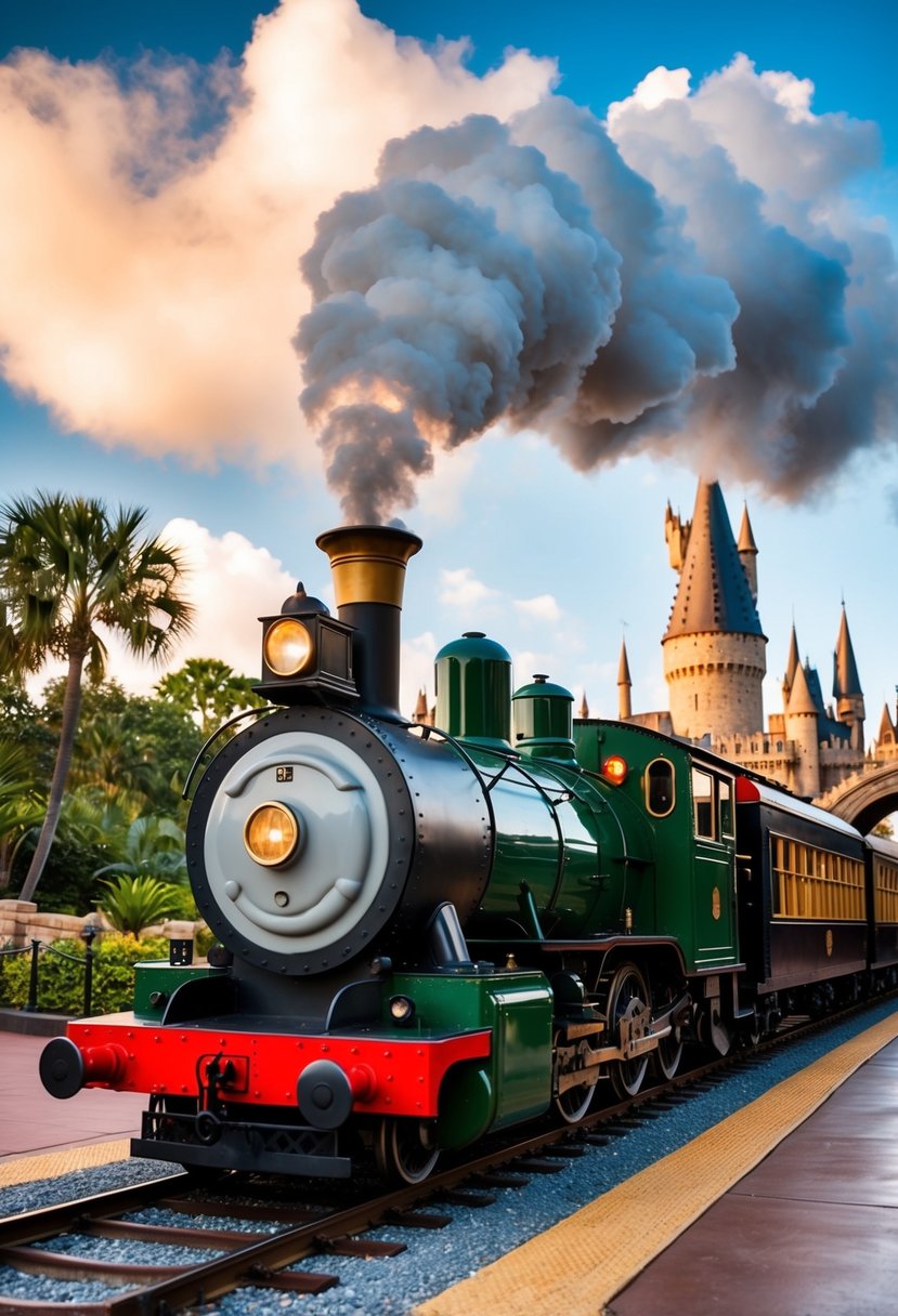 The iconic Hogwarts Express train chugging through the magical landscape of the best universal resort