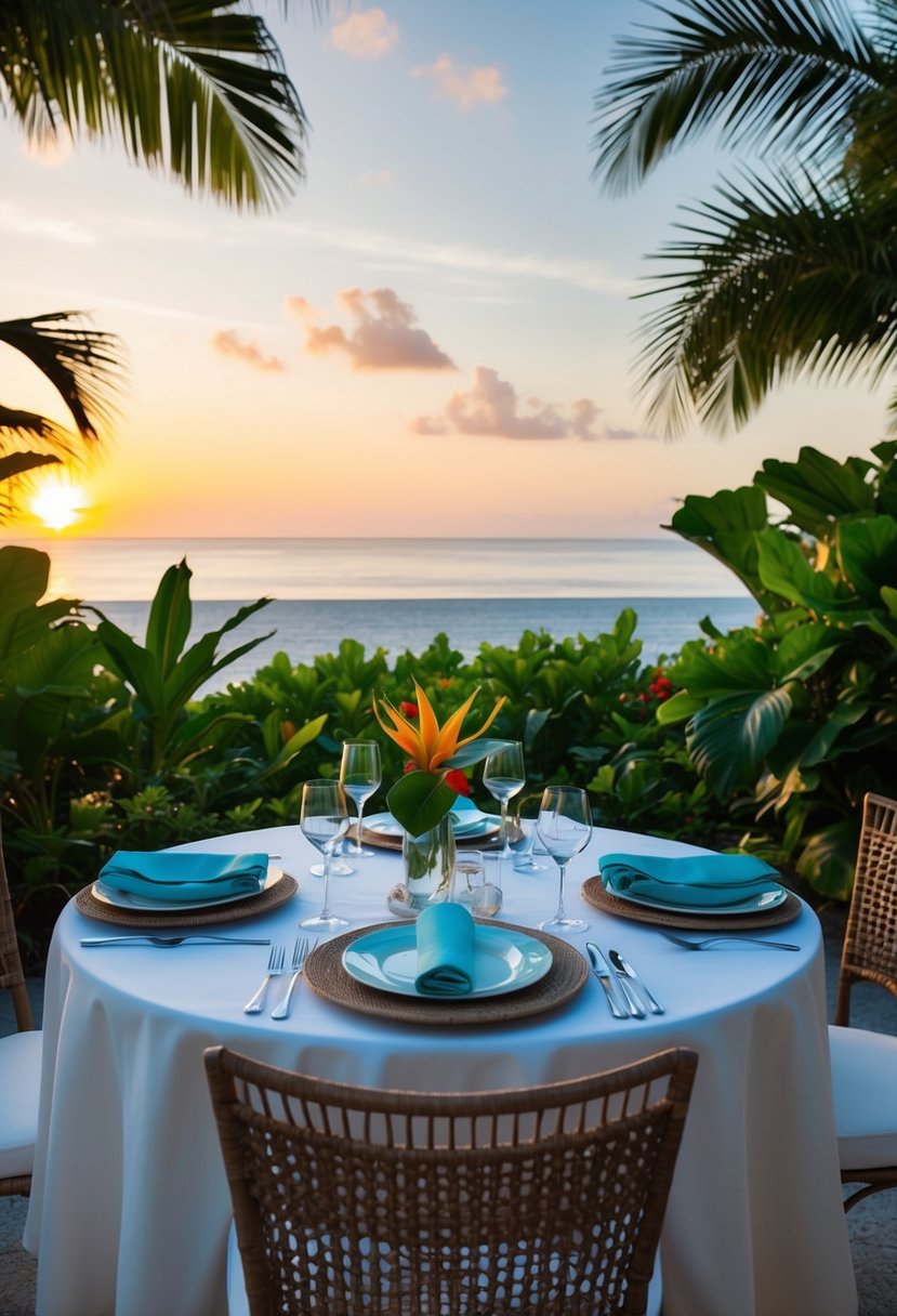 A table set with elegant dinnerware, surrounded by lush tropical foliage and overlooking a serene beach at sunset