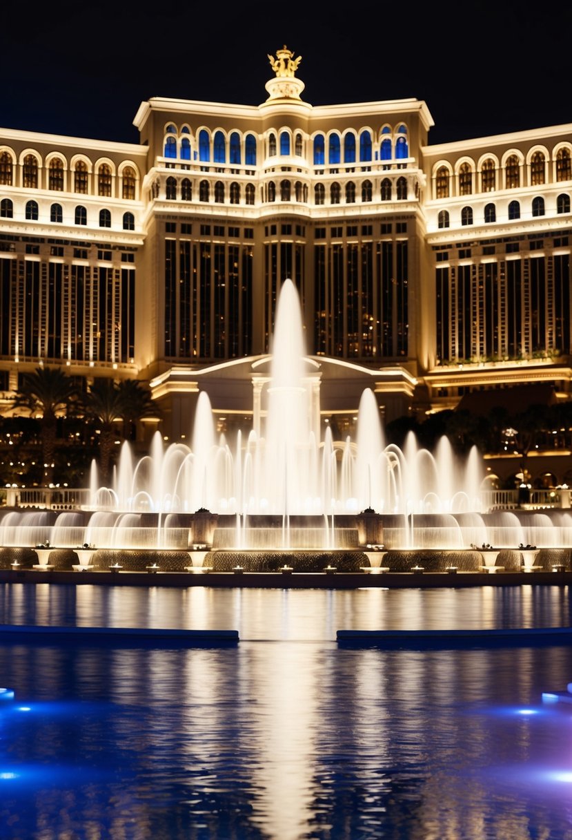 Luxurious Caesars Palace resort with iconic Roman architecture and grand fountains amidst the dazzling lights of Las Vegas