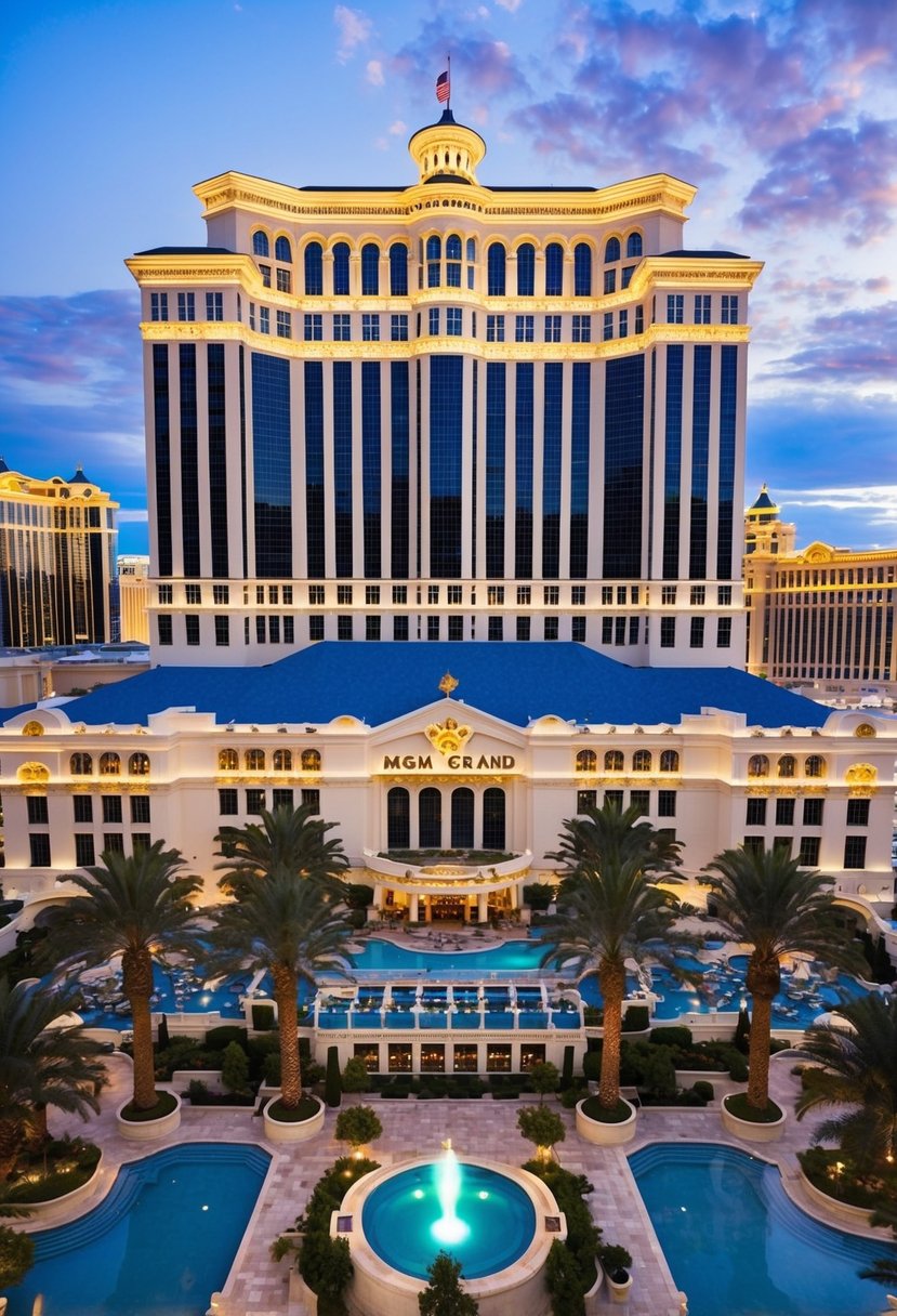 The iconic MGM Grand Hotel in Las Vegas, with its grand architecture and bustling casino floor, surrounded by palm trees and luxury pools