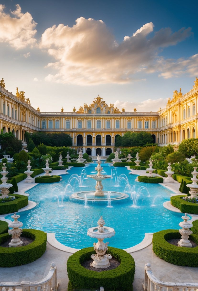 A grand, opulent palazzo with ornate architecture and lush landscaping, surrounded by sparkling pools and fountains